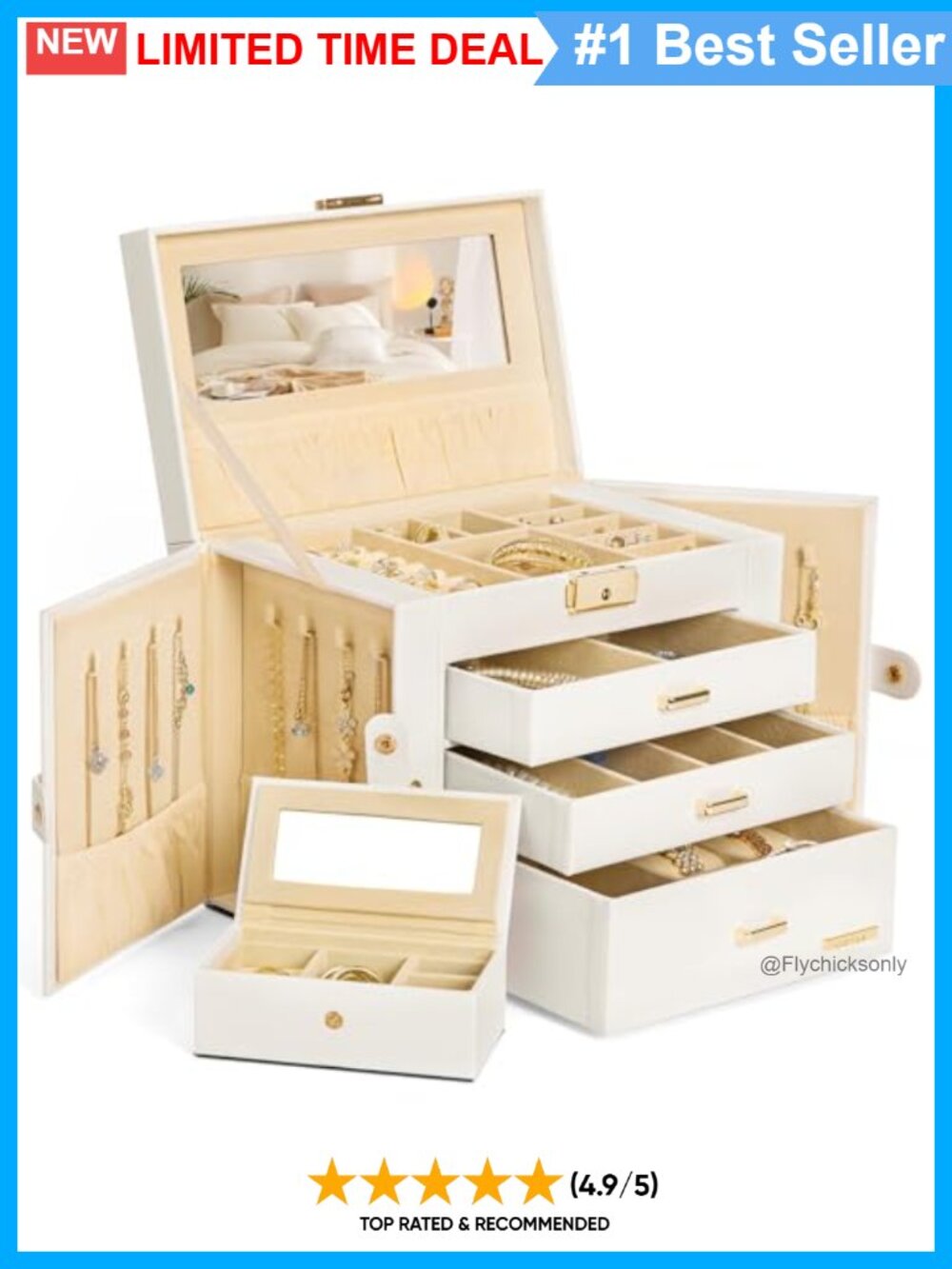4-Layer Leather Jewelry Box with Mirror Lock & Travel Case